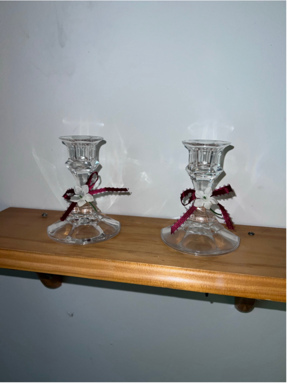 VTG Romantic Glass Candlestick Holders with Red Ribbons One Size